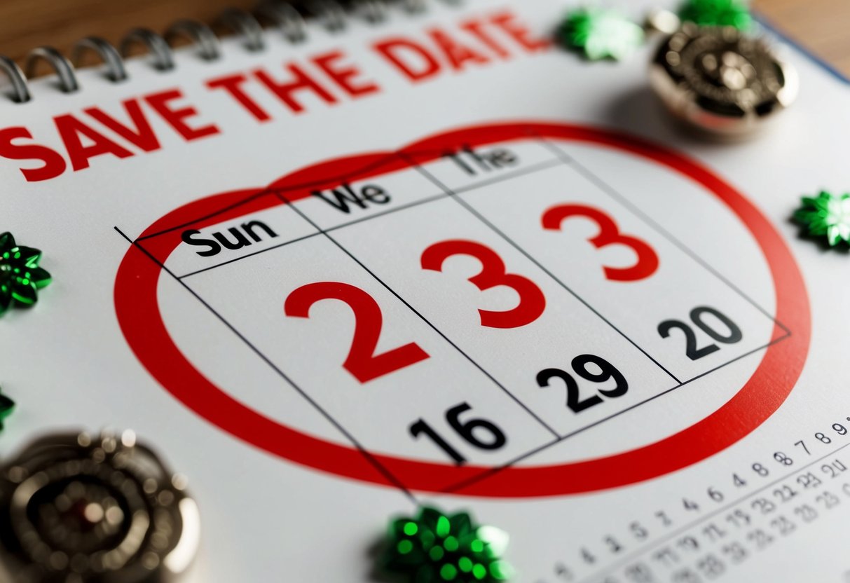 A calendar with the date circled in red, surrounded by decorative elements and the words "Save the Date" at the top