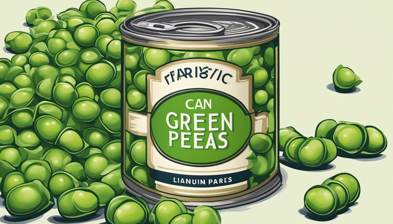 A closed can of green peas with an expiration date clearly visible on the label