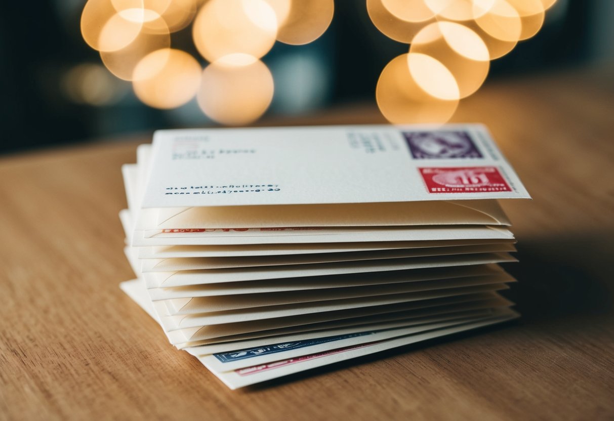 A stack of envelopes with stamps and addresses