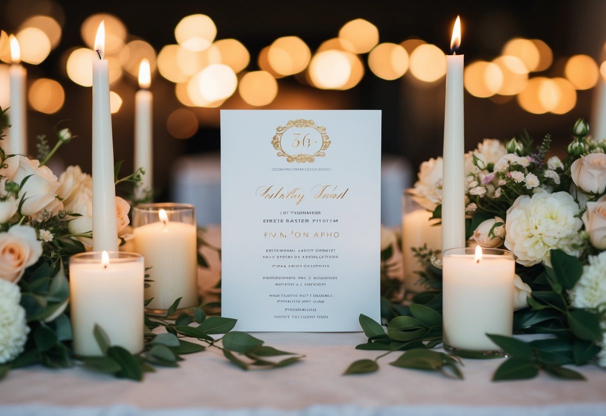 An elegant invitation card surrounded by flowers and candles on a table