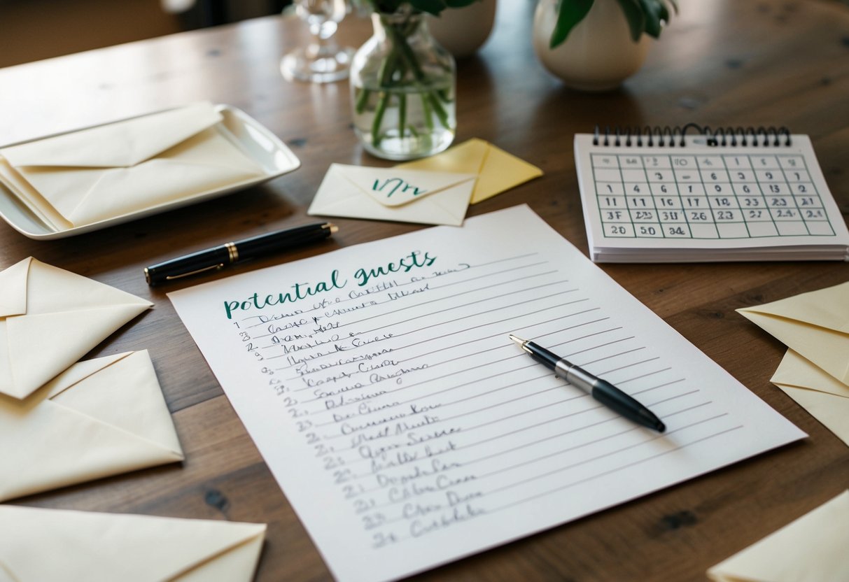 A table with a handwritten list of potential guests, surrounded by envelopes and a calendar with highlighted dates
