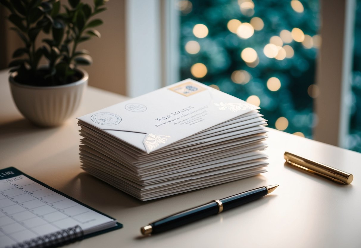A stack of envelopes with elegant designs and stamps, addressed to parents, placed on a table with a calendar and pen nearby