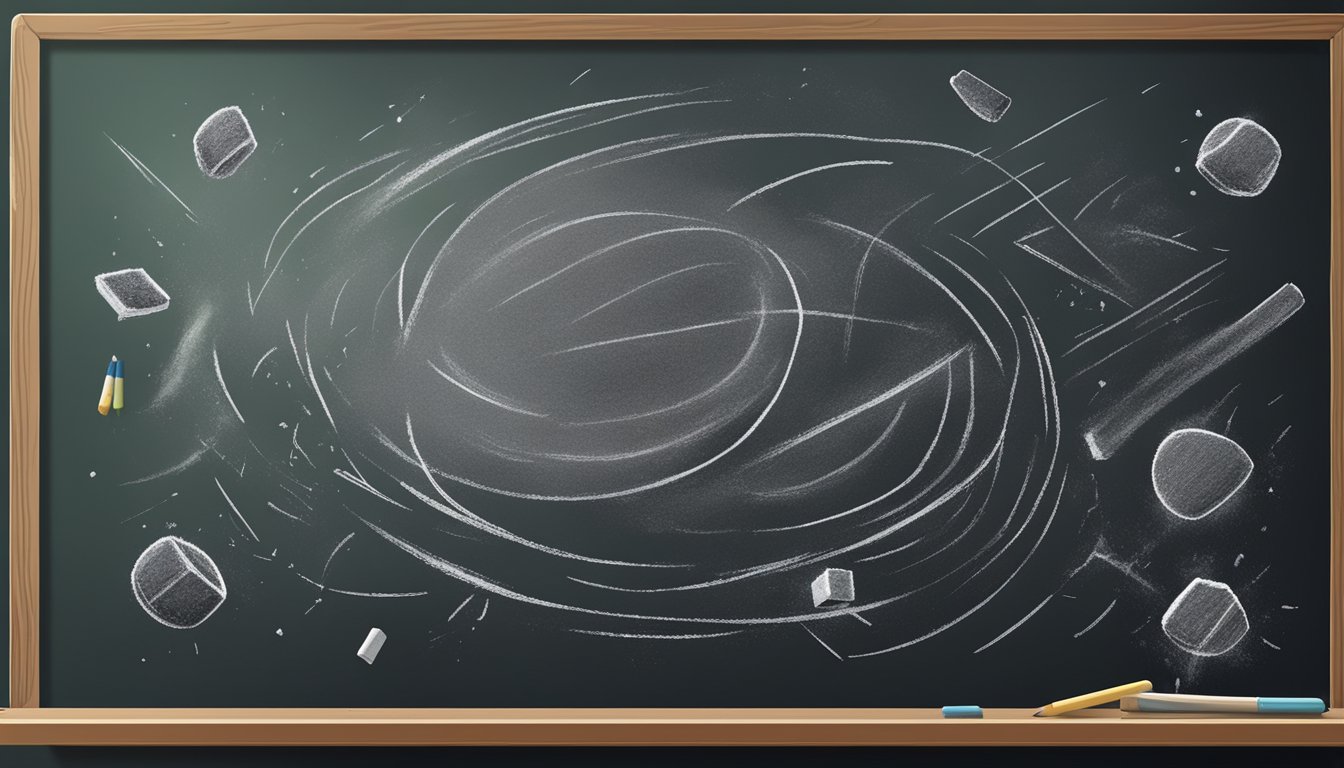 A blackboard with a piece of chalk broken in half, surrounded by scattered chalk dust and eraser marks