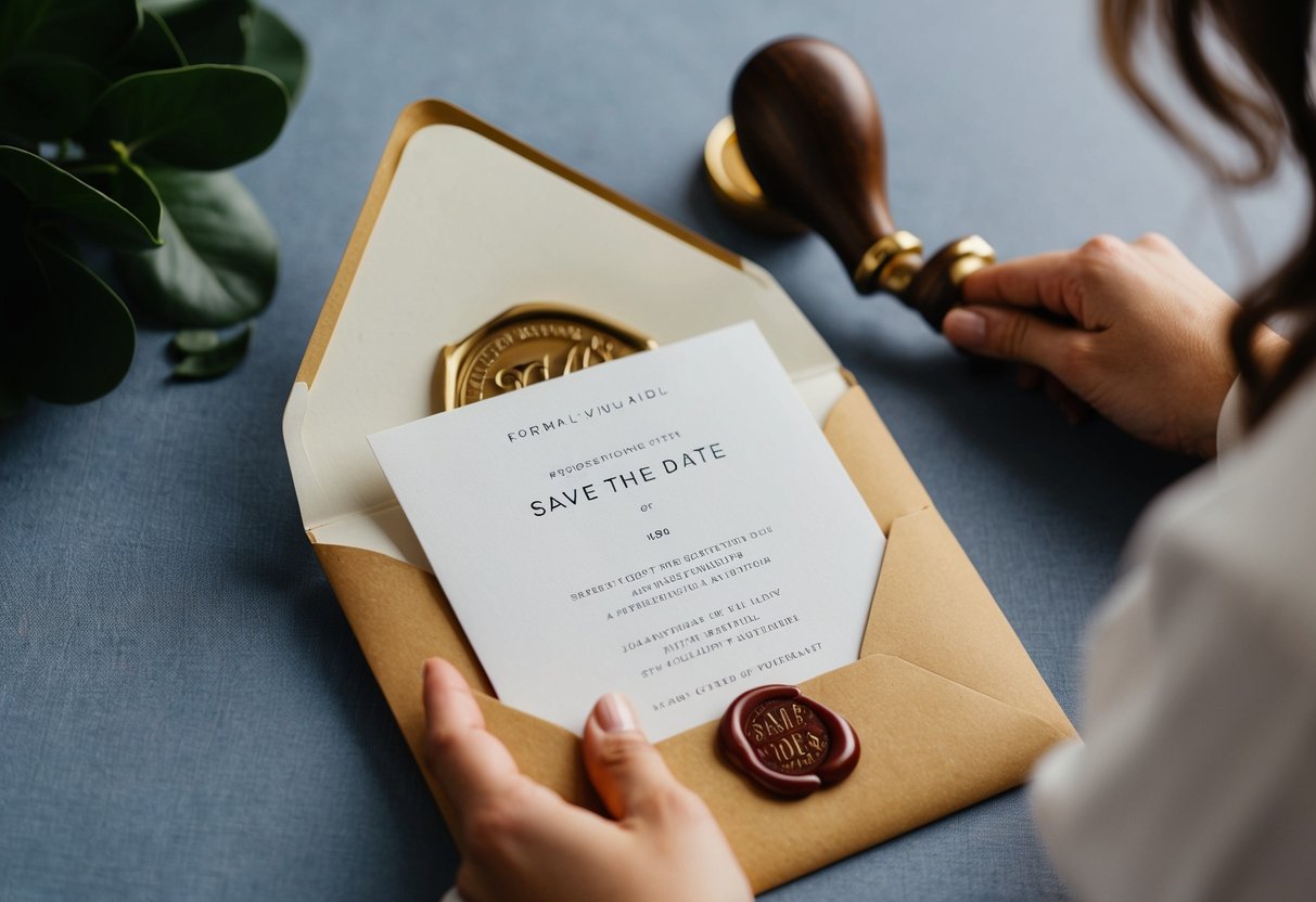 A formal invitation being placed in an envelope, with a save the date card included, and being sealed with a wax stamp