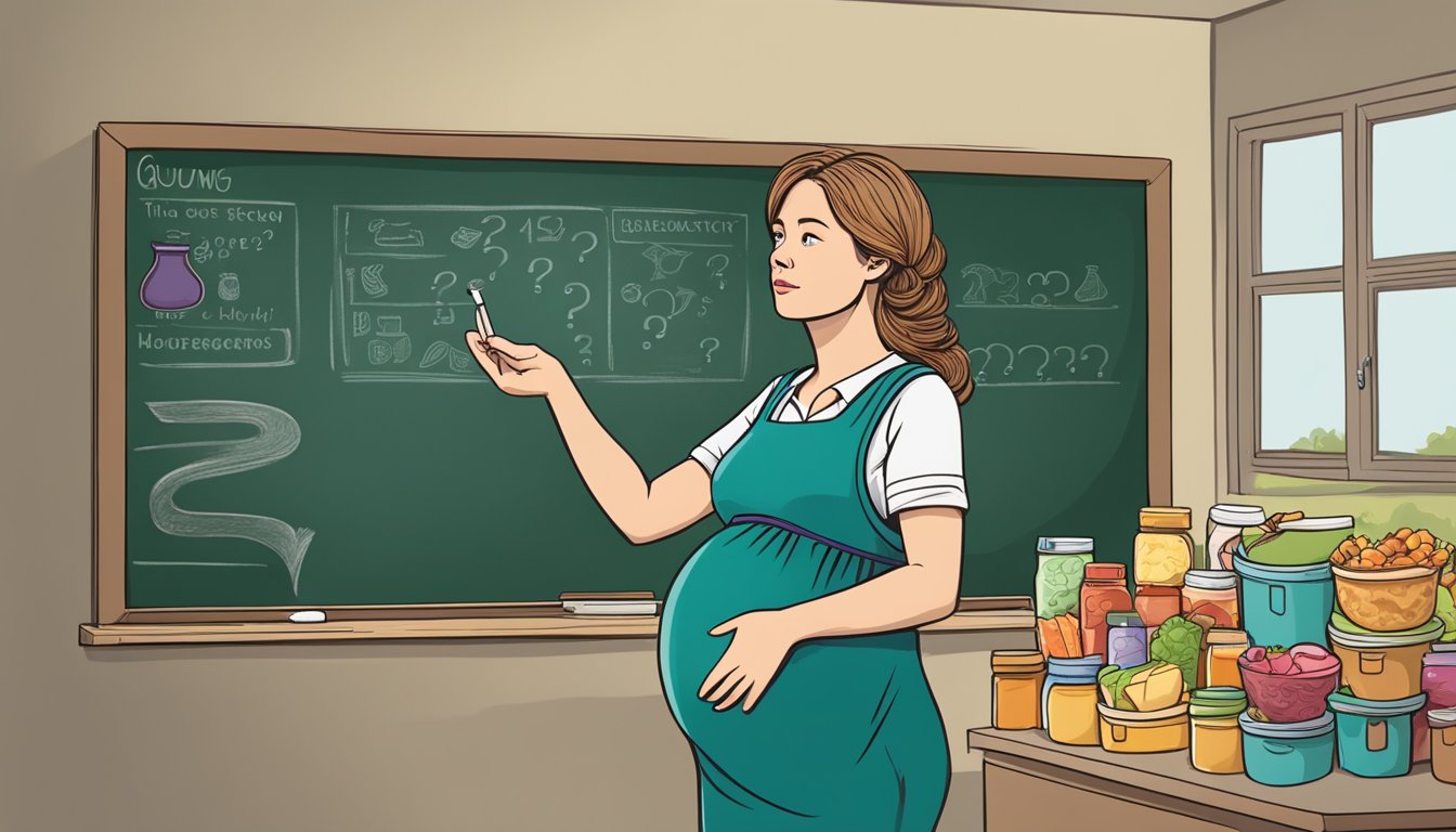 A pregnant woman stands in front of a chalkboard, holding a piece of chalk and looking uncertain. The chalkboard is filled with question marks and food items, including a piece of chalk