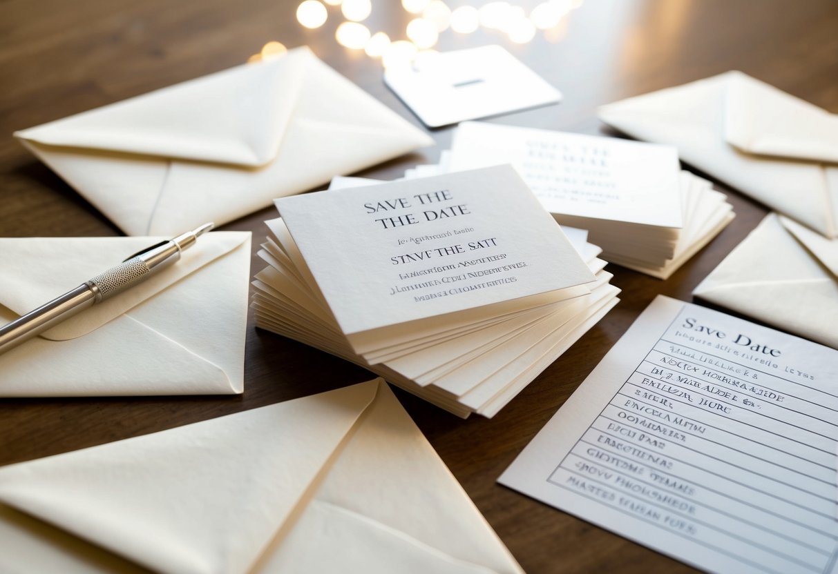 A pile of elegant save the date cards surrounded by envelopes and a list of names and addresses