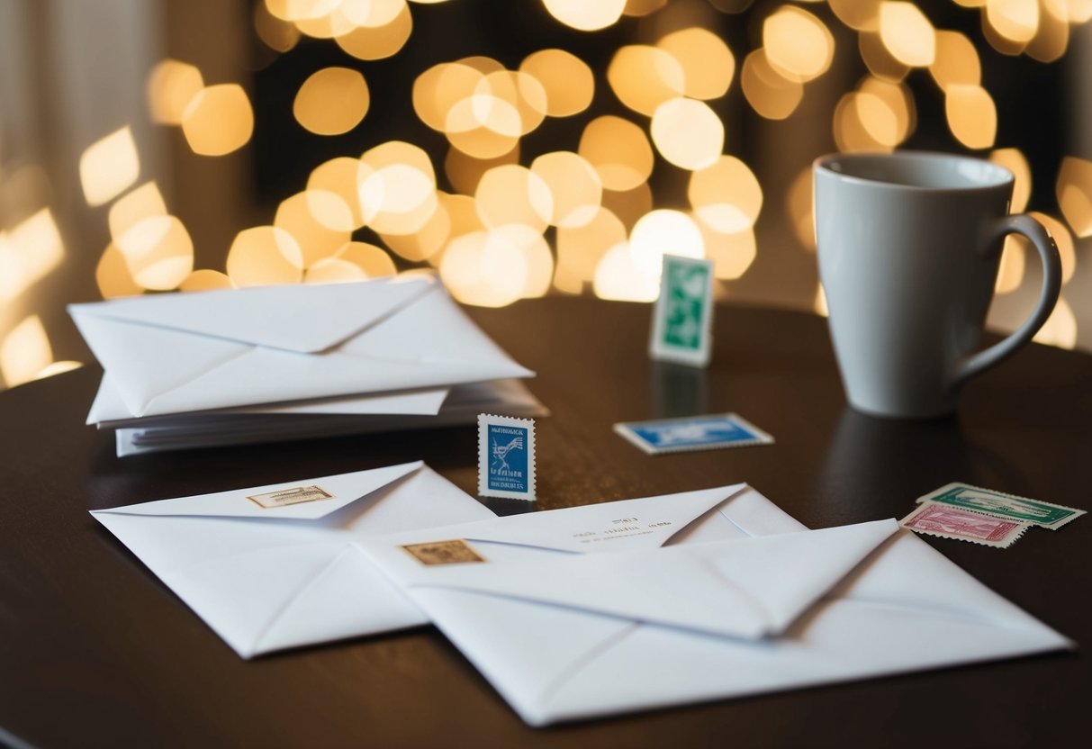 A table with envelopes, stamps, and a list of addresses