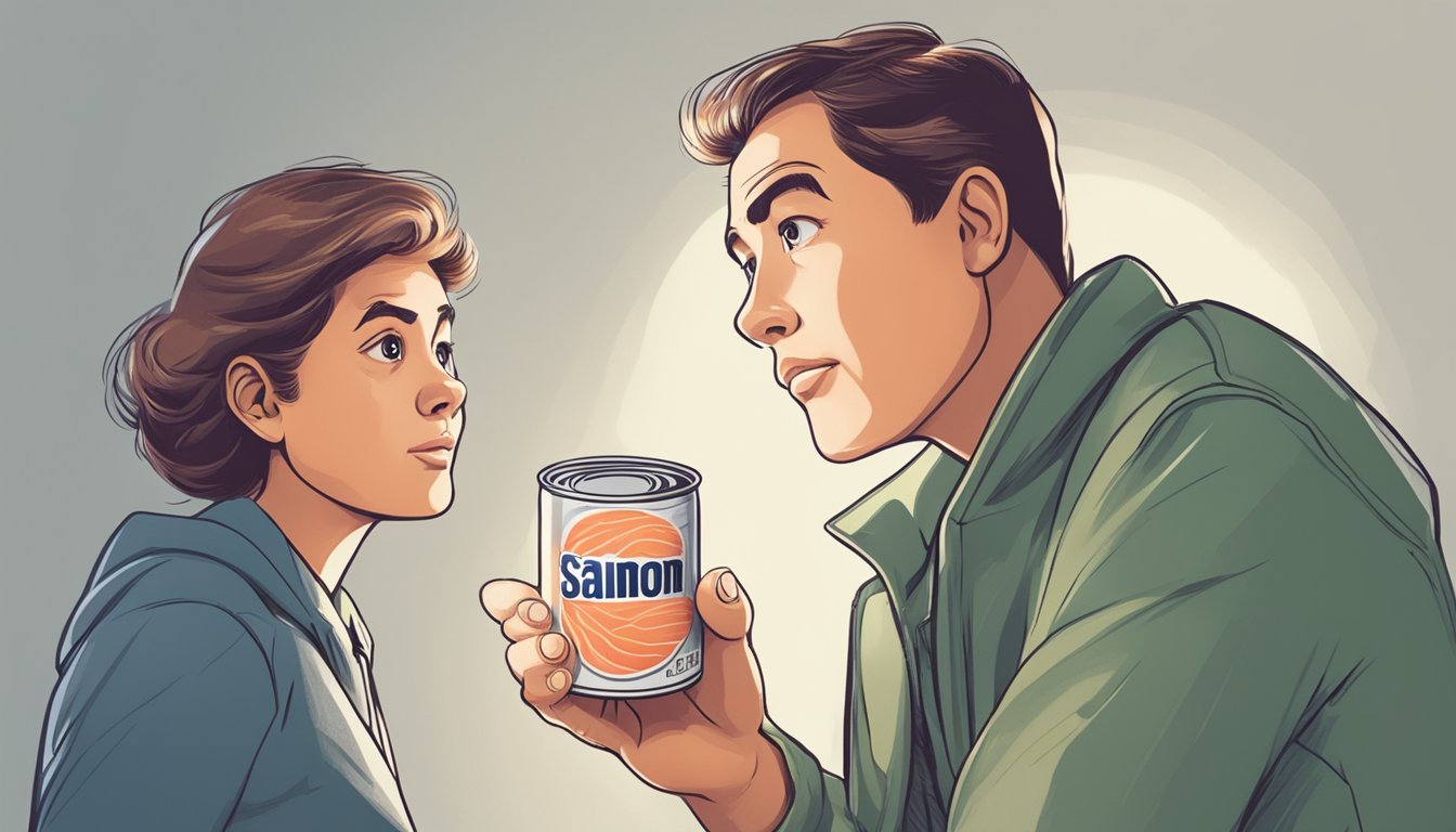 A person examining a can of expired salmon, holding it up to the light with a concerned expression