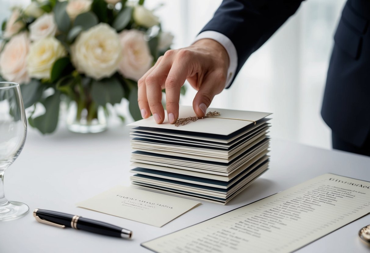 A hand reaching for a stack of elegant invitations, with a pen and a list of names nearby