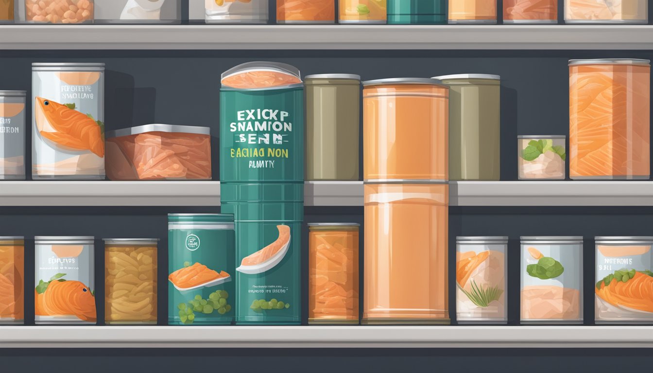 A pantry shelf with expired canned salmon next to a trash bin