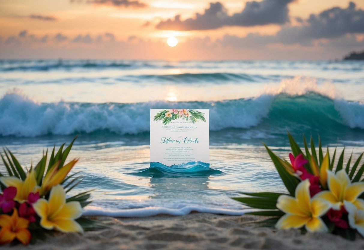 A serene beach setting with a wedding invitation floating on the waves, surrounded by tropical flowers and a romantic sunset