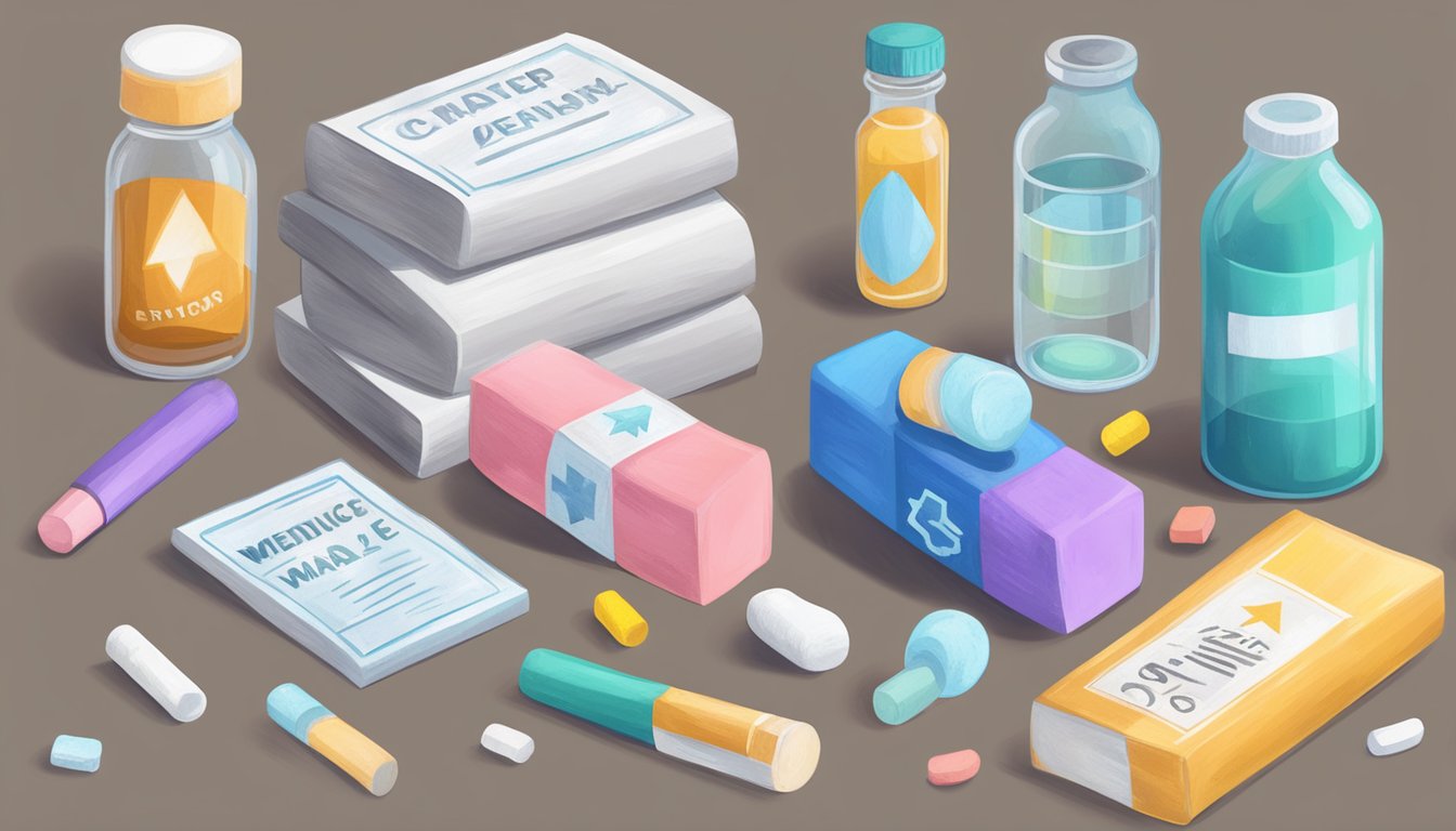 A stack of colorful chalk pieces surrounded by warning signs and symbols. A bottle of medicine and a glass of water nearby