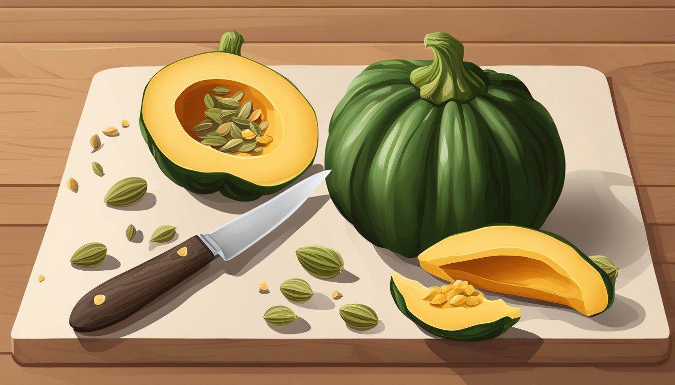 An unripe acorn squash sits on a wooden cutting board, next to a sharp knife and a pile of discarded seeds. The squash is green and firm, with no signs of rot or decay