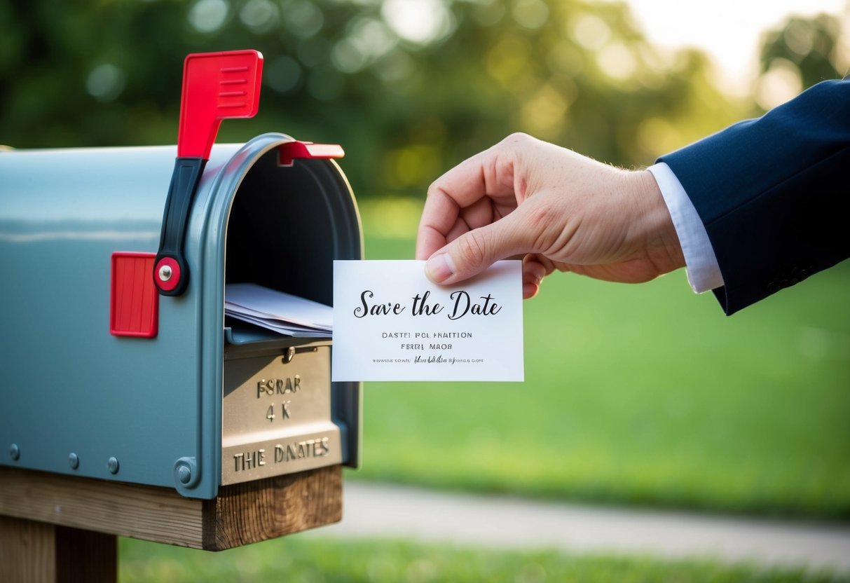 A hand placing a save the date card into a mailbox