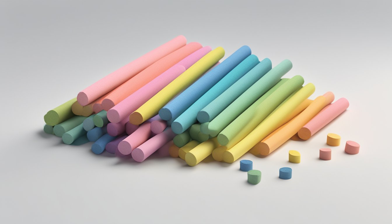 A stack of colorful chalk sticks arranged on a clean, white surface, with a question mark hovering above them