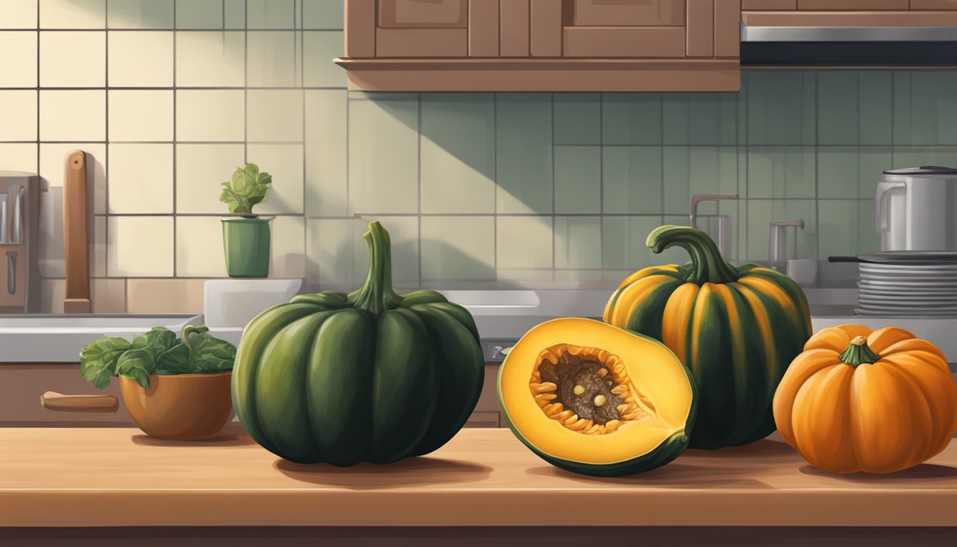 An acorn squash sits on a kitchen counter, slowly changing from green to a deep orange as it ripens