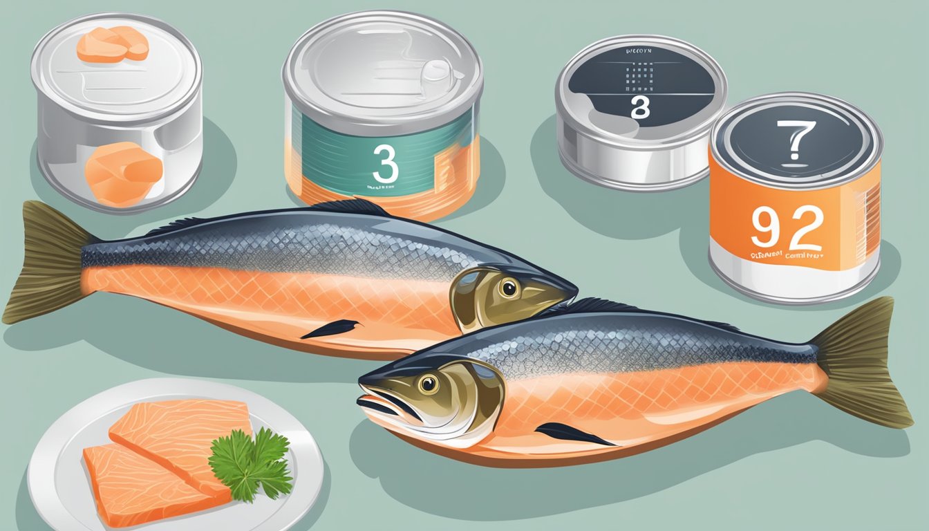 A plate with fresh and canned salmon, a calendar showing expiration date, and a question mark above the canned salmon