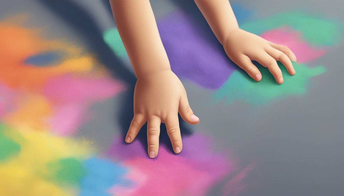 A small child's hand reaching for a piece of colorful chalk on the ground, with a look of curiosity and uncertainty on their face