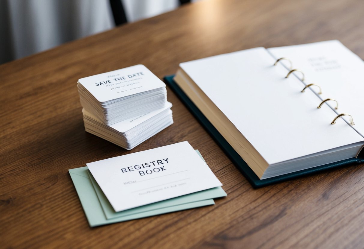 A table with a stack of save the date cards and a registry book open to a blank page