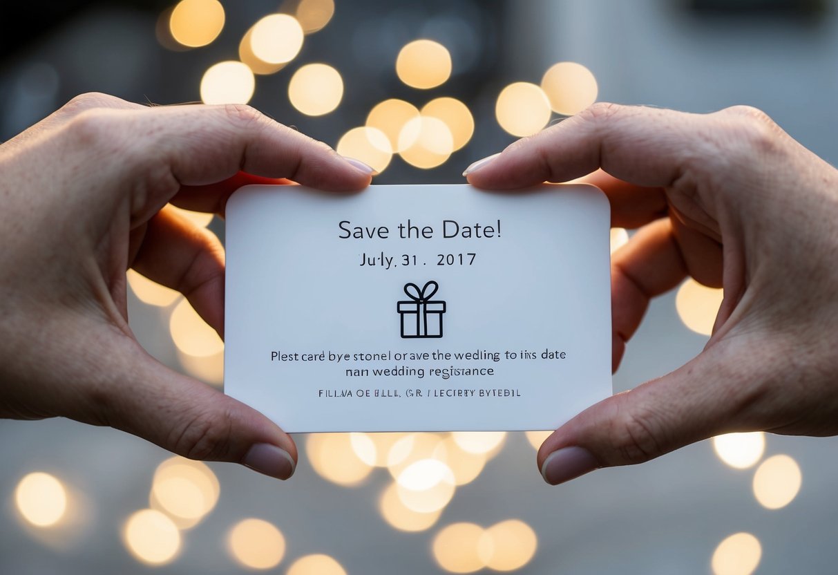 A couple's hands holding a "Save the Date" card with wedding details and a small illustration of a gift registry symbol
