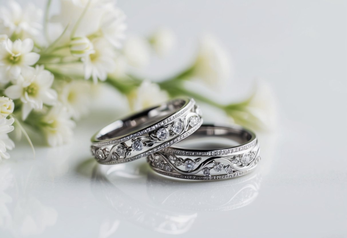 A pair of elegant, ornate wedding rings entwined with delicate flowers, positioned on a clean, white background