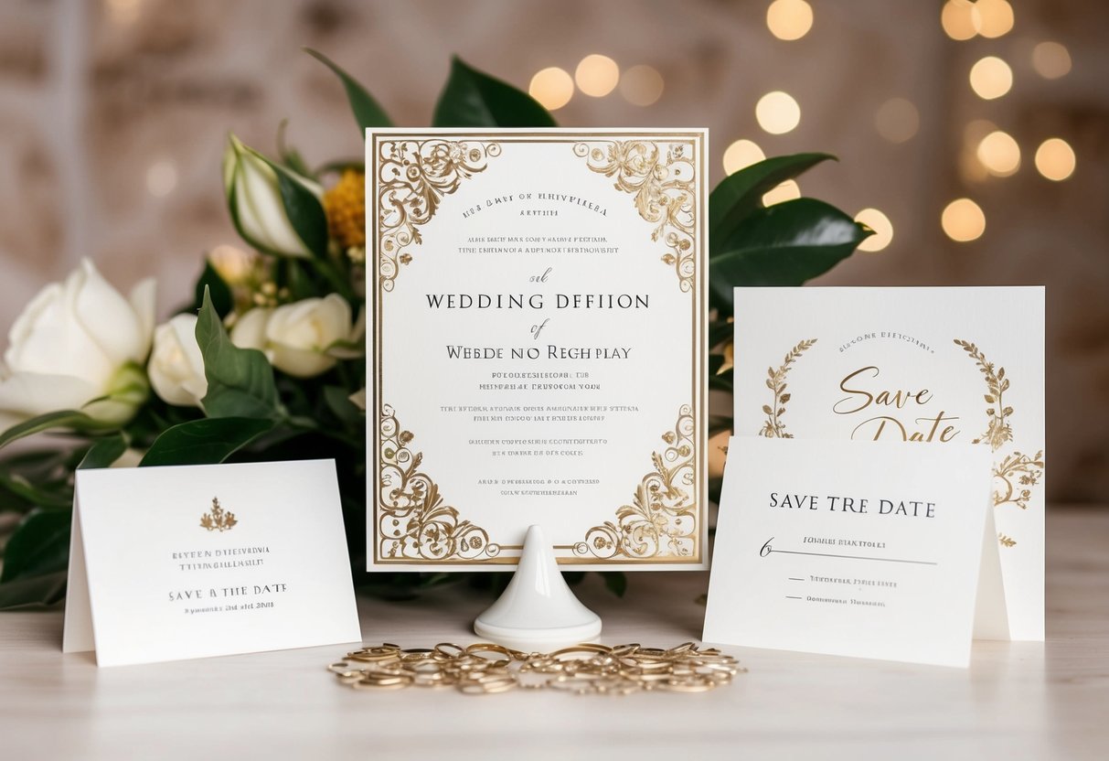 A beautifully decorated wedding invitation with subtle registry information displayed alongside elegant save the date cards
