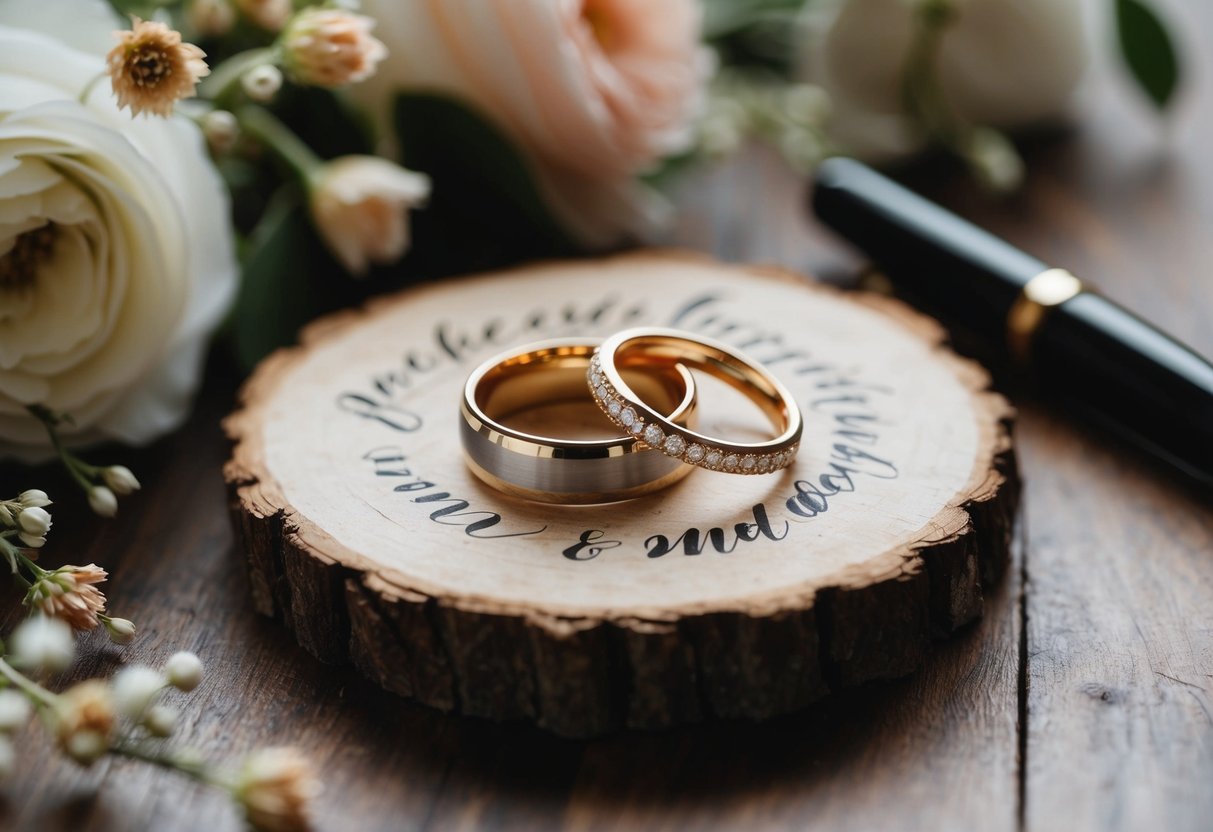 A pair of elegant wedding rings resting on a rustic wooden surface, surrounded by delicate floral arrangements and a calligraphy pen