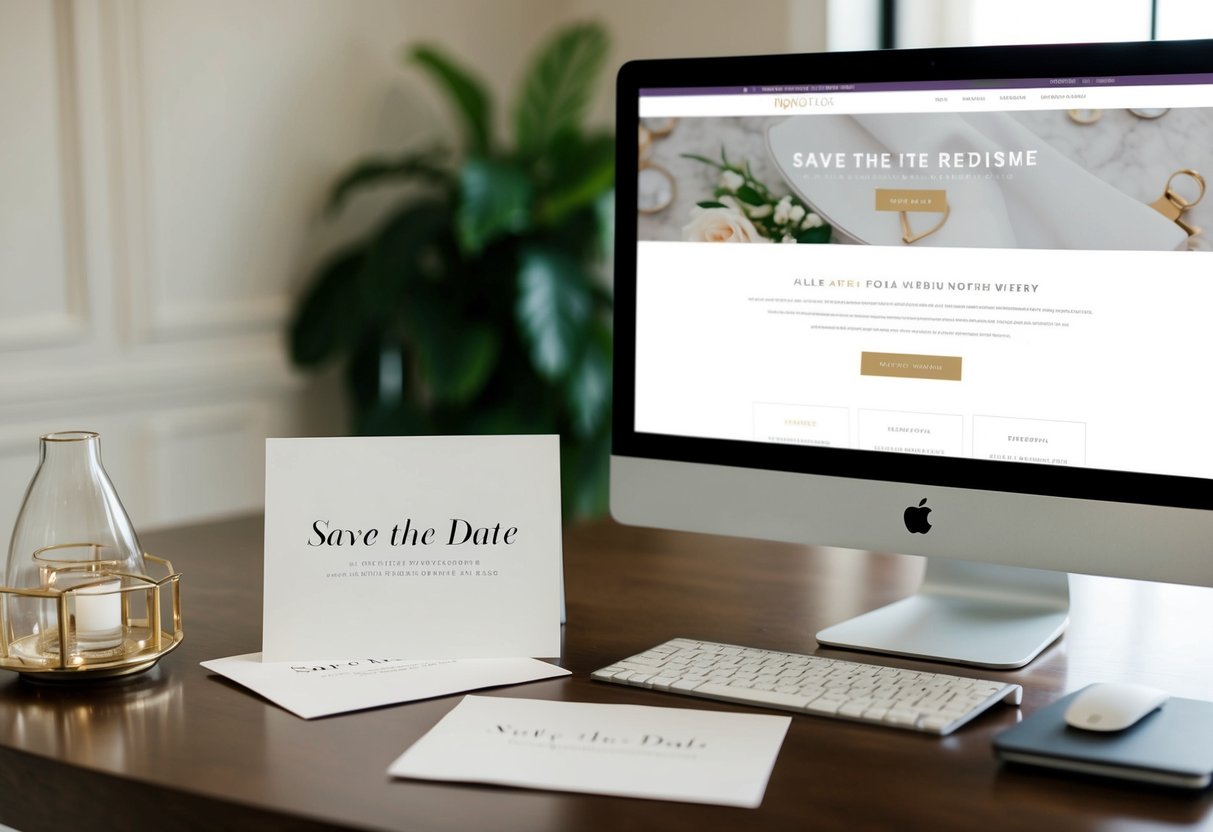 A table with elegant save the date cards, a pen, and a computer displaying a wedding registry website