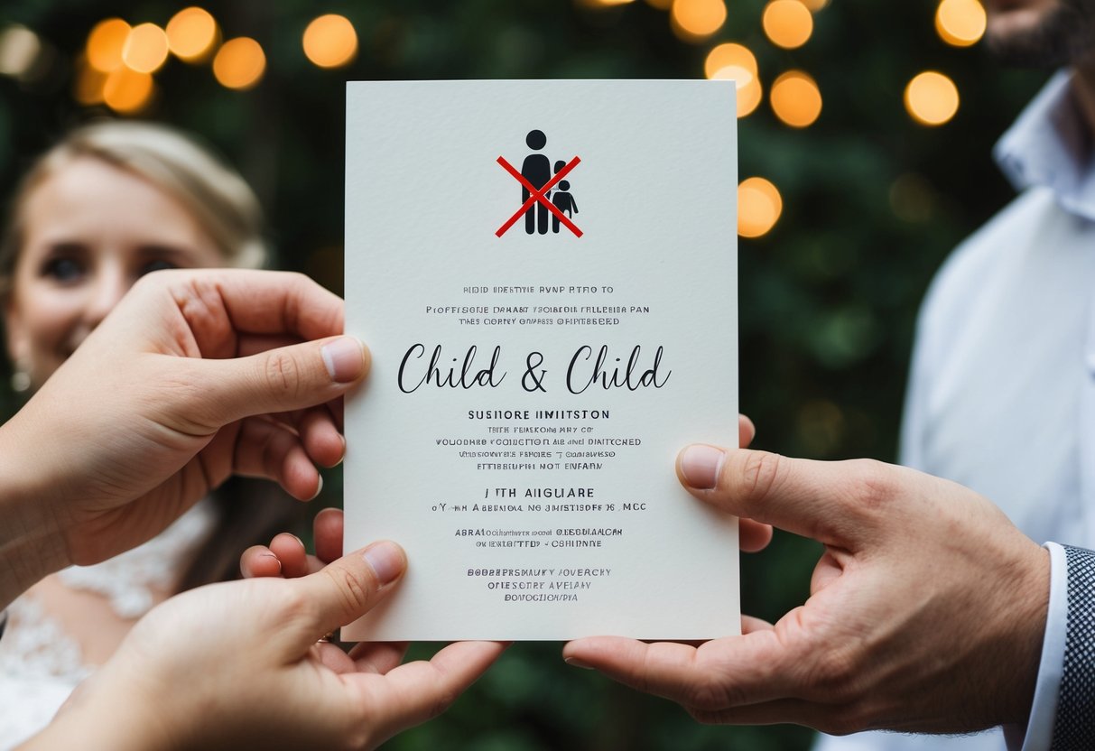 A couple holding a wedding invitation with a crossed-out child symbol