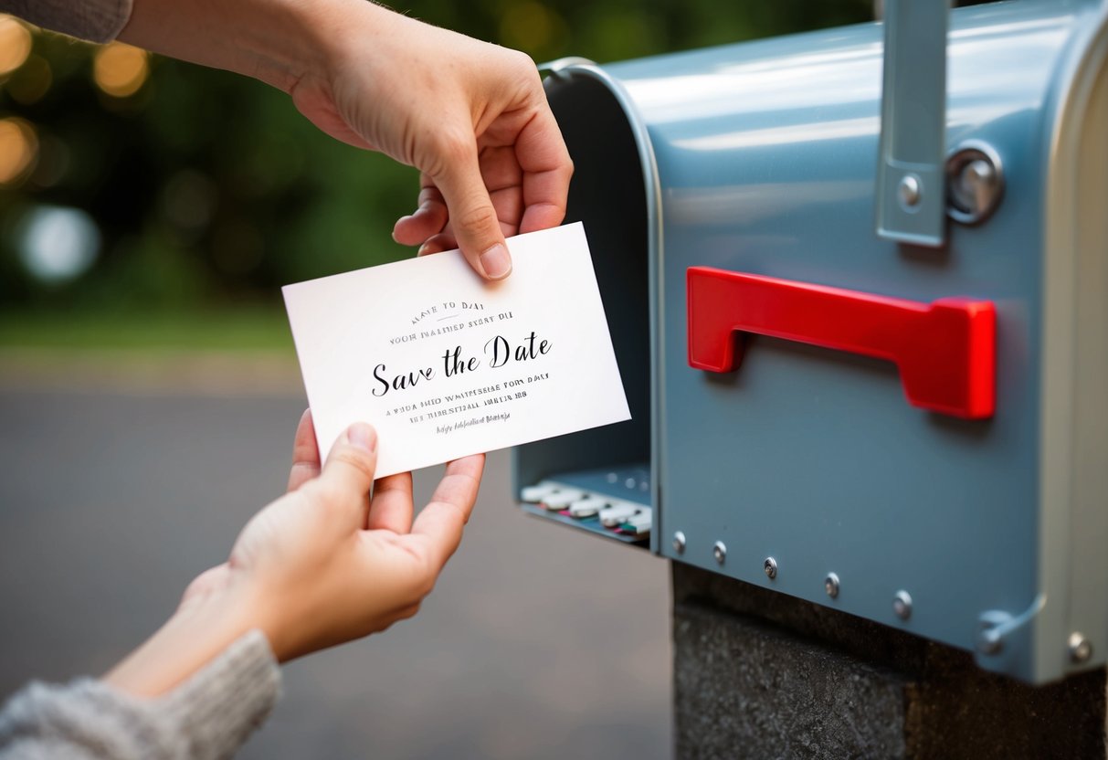 A hand placing a save the date card into a mailbox