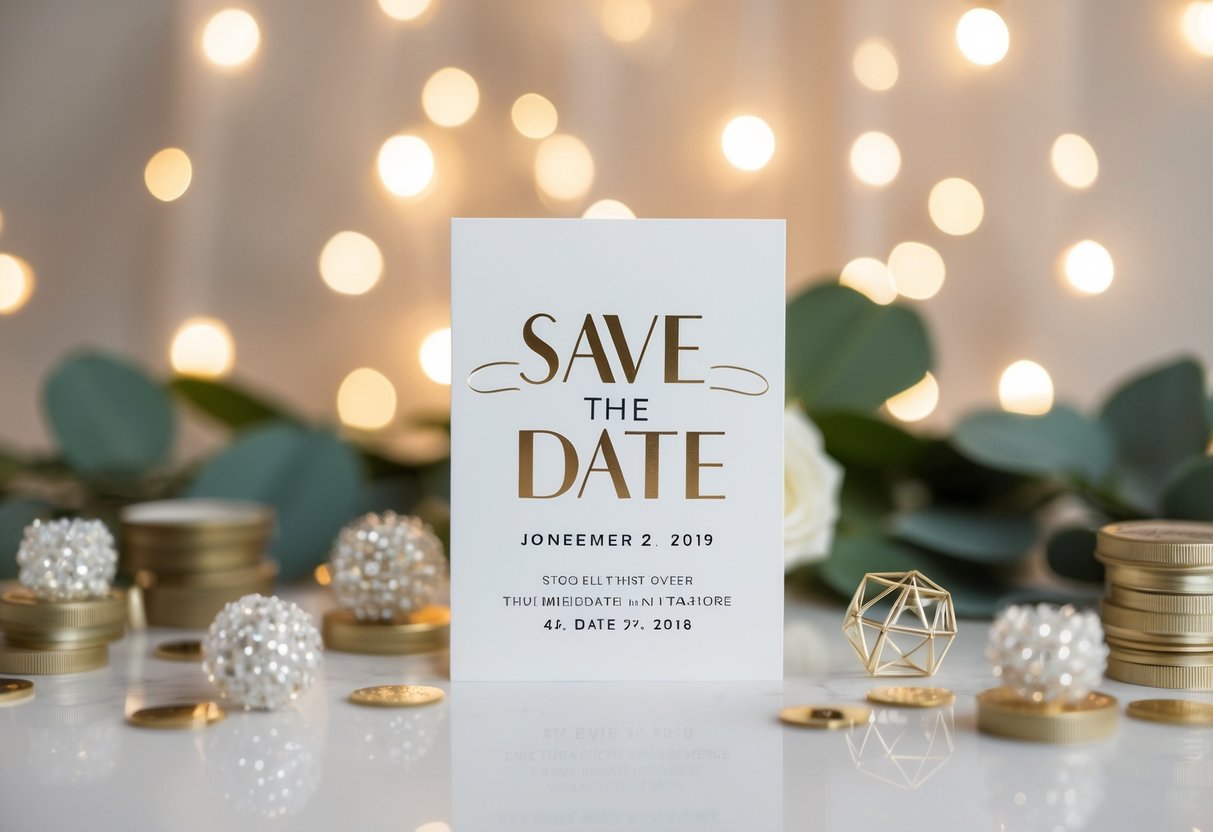 A save the date card with two names surrounded by wedding-themed decorations