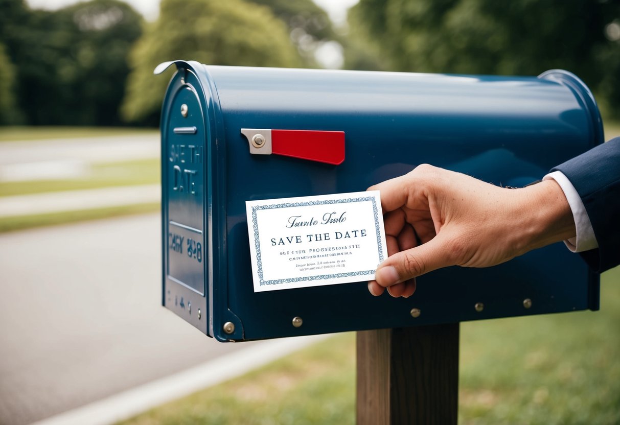 A hand placing a save the date card into a mailbox