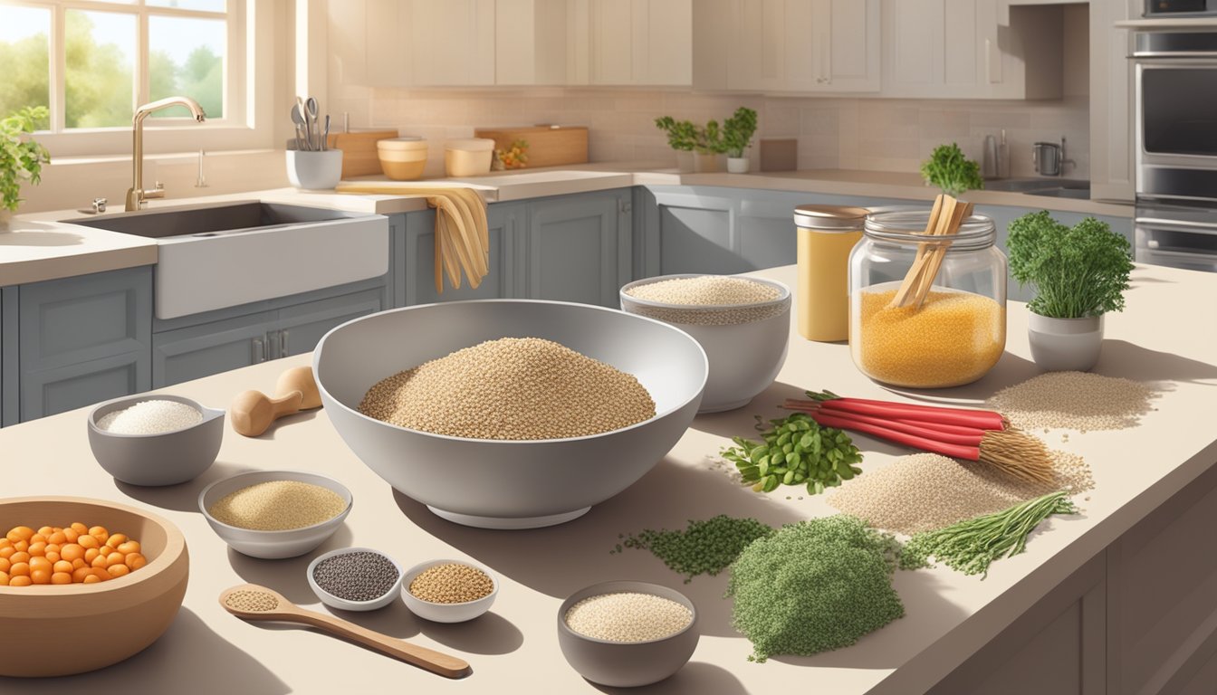 A bowl of uncooked quinoa surrounded by various ingredients and cooking utensils on a clean kitchen counter