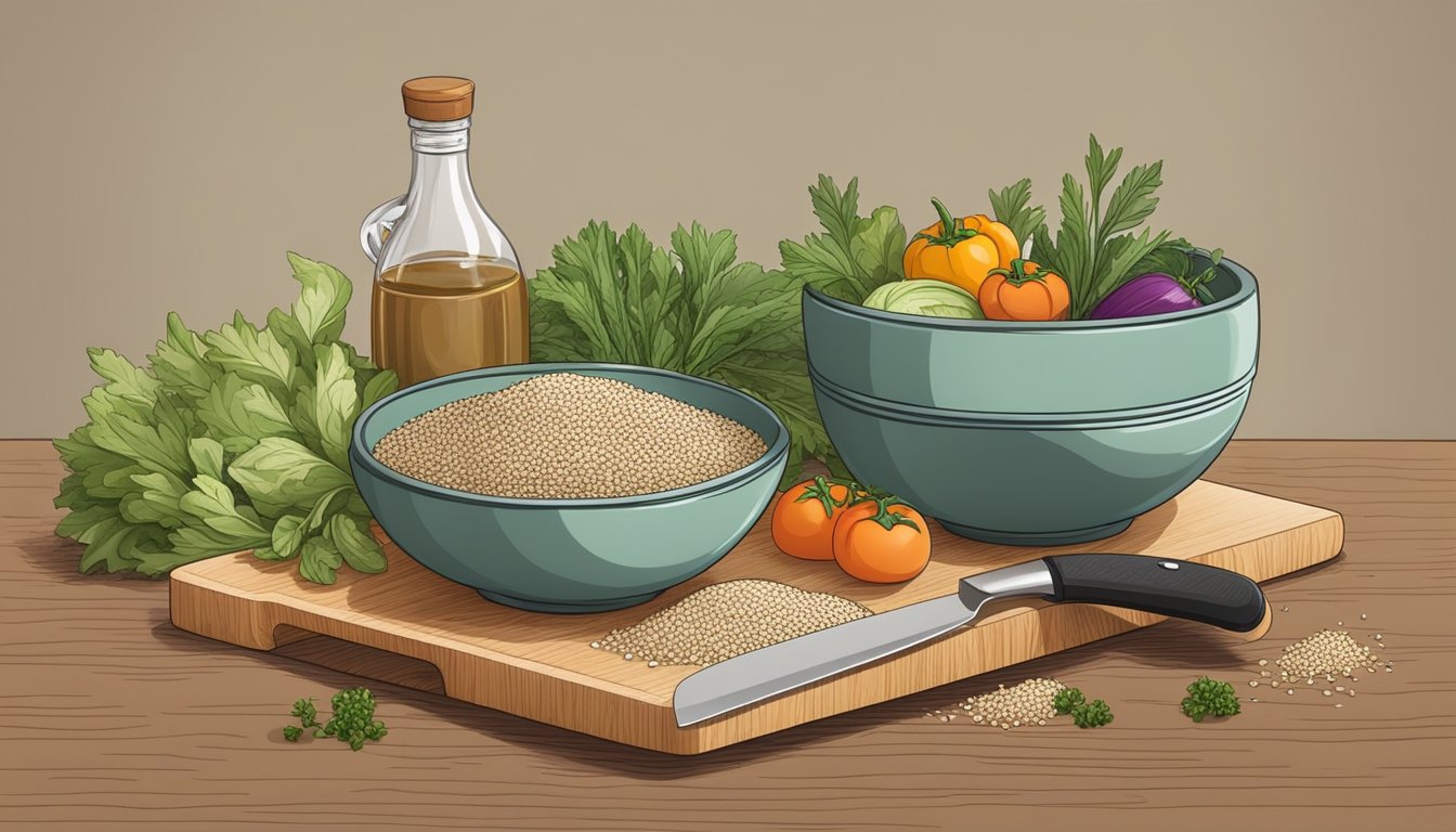 A bowl of uncooked quinoa surrounded by fresh vegetables and herbs, with a chef's knife and cutting board nearby