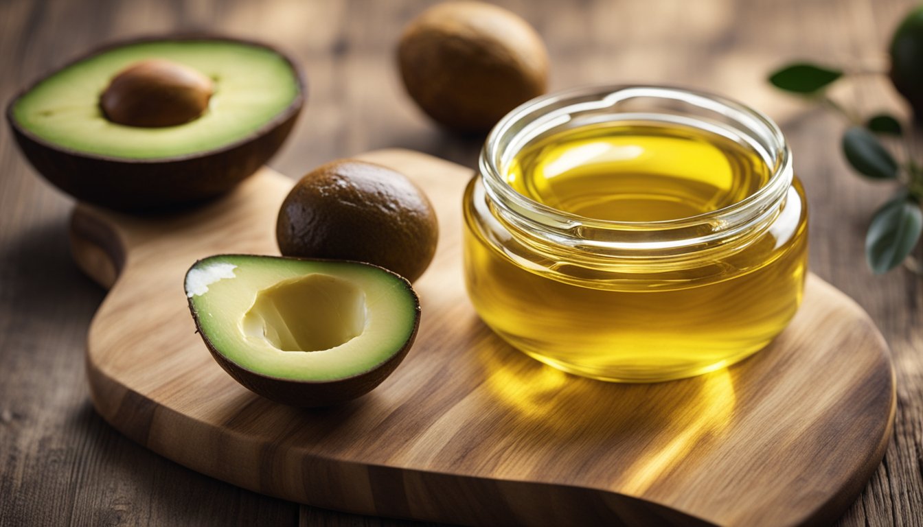 Golden olive oil, glistening coconut oil, ripe avocados on a wooden board in natural sunlight. Butter dish sits empty