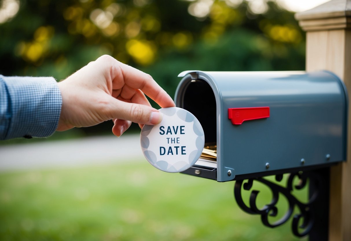 A hand placing a save the date magnet into a mailbox slot