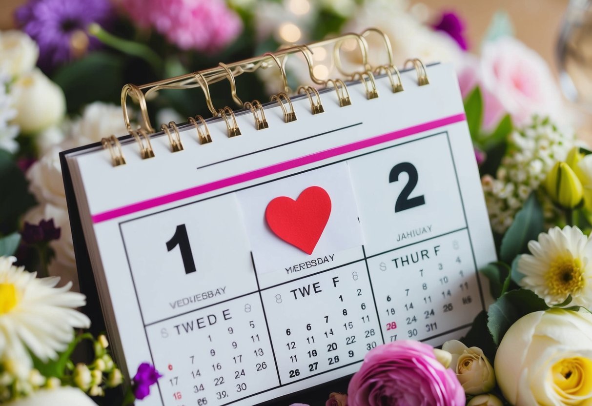 A calendar with a heart-shaped sticker marking a date, surrounded by flowers and wedding-themed decorations
