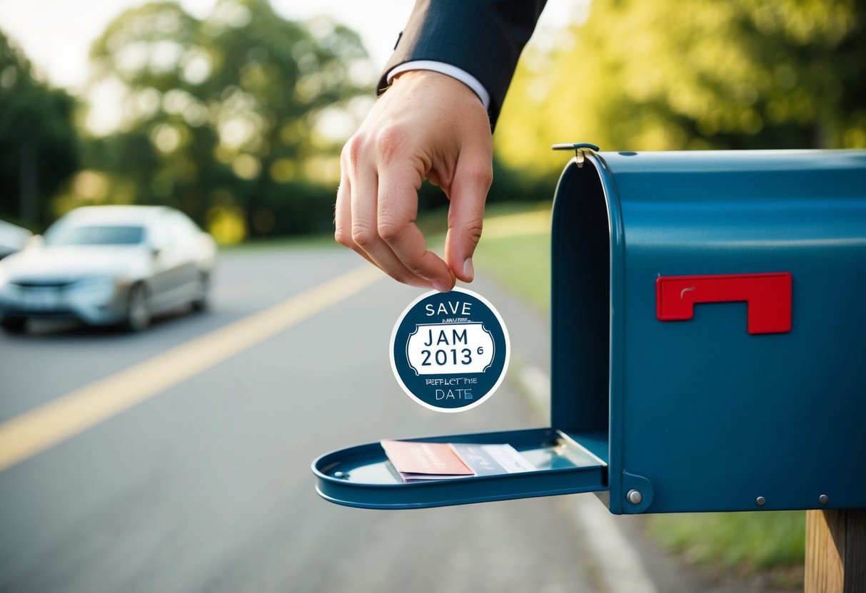 A hand dropping a save the date magnet into a mailbox