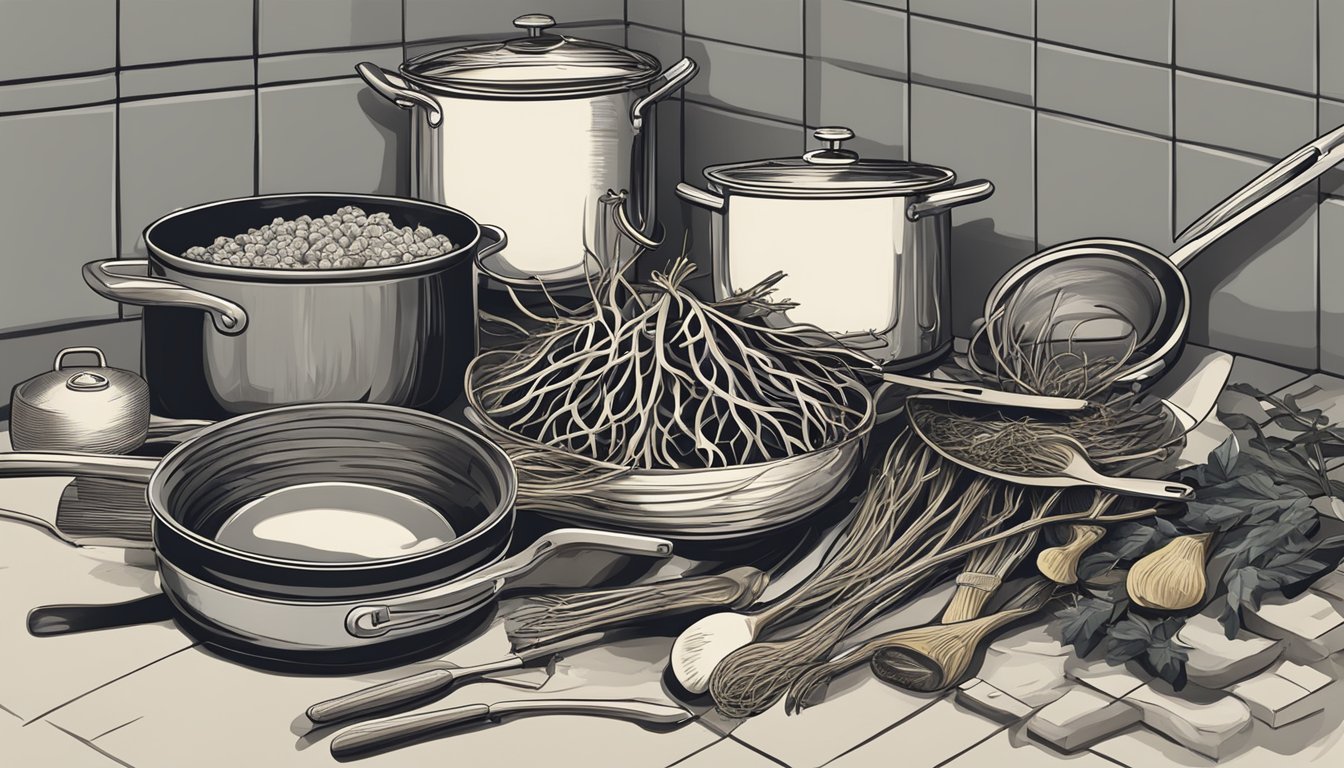 A pile of raw roots surrounded by cooking utensils and a pot on a stove