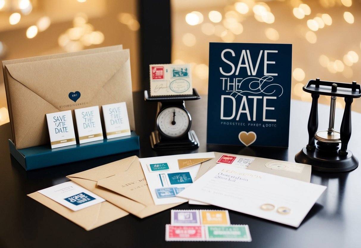 A collection of save the date magnets, envelopes, stamps, and a postal scale on a table
