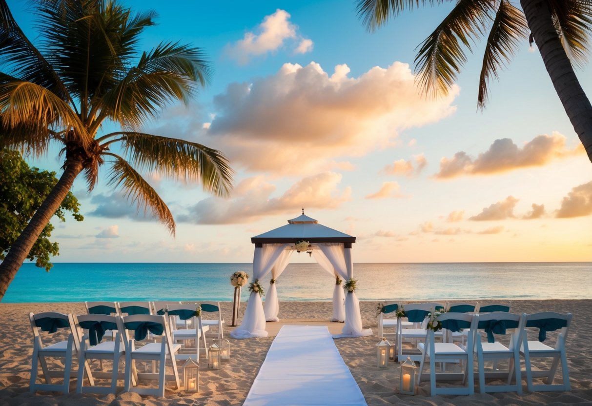 A tropical beach with a wedding set-up, including a gazebo, palm trees, and a sunset backdrop