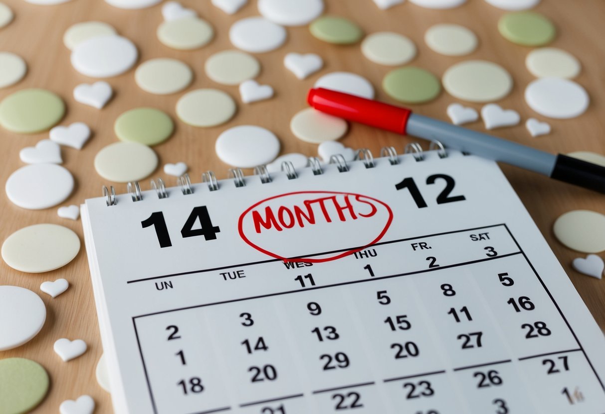 A calendar with the date 14 months in the future circled in red marker, surrounded by wedding-themed decorations and symbols