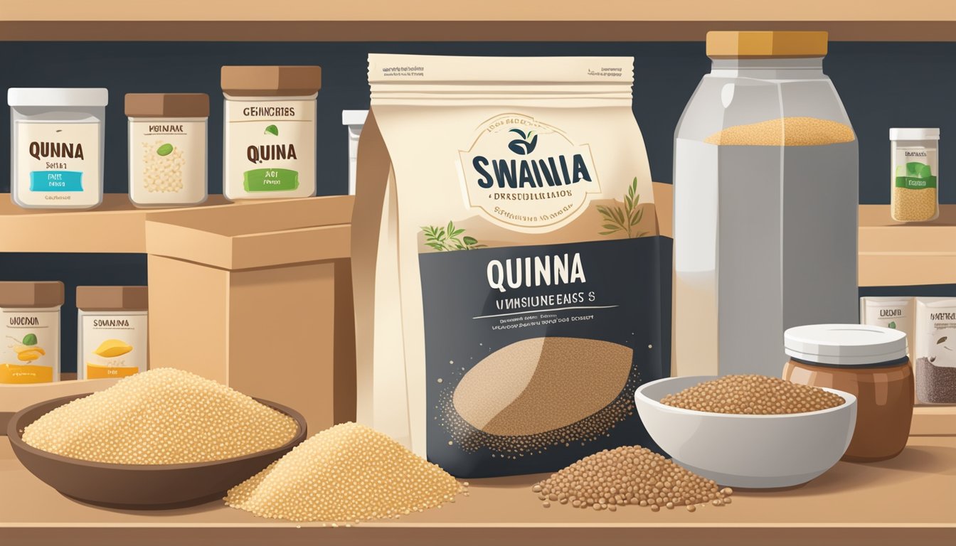 A bag of uncooked quinoa sits on a clean, dry shelf next to other grains and pantry items