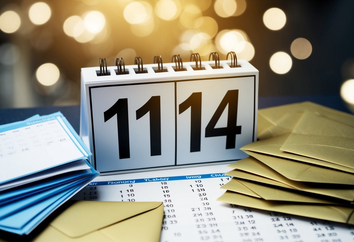 A calendar with the date 14 months in the future circled, surrounded by a pile of envelopes and a list of names