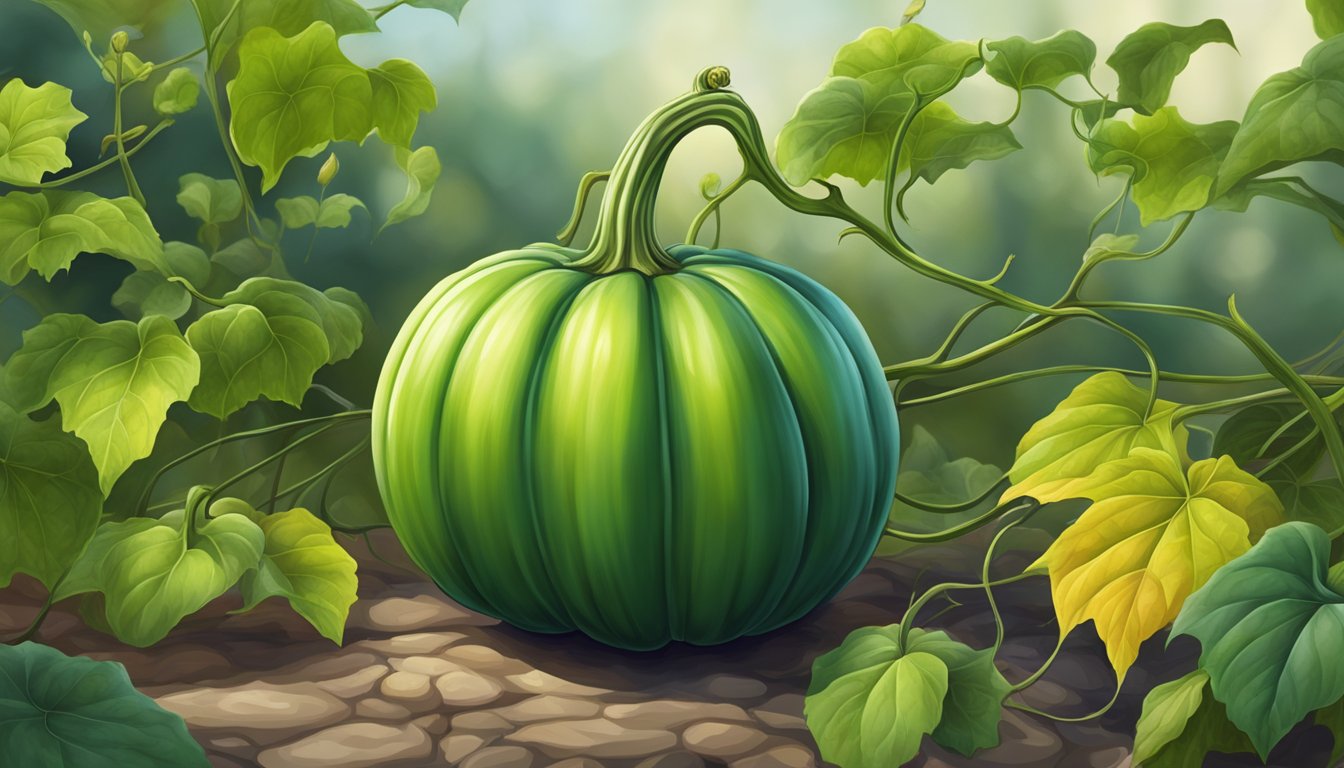 A green, unripe pumpkin sitting on a vine in a garden