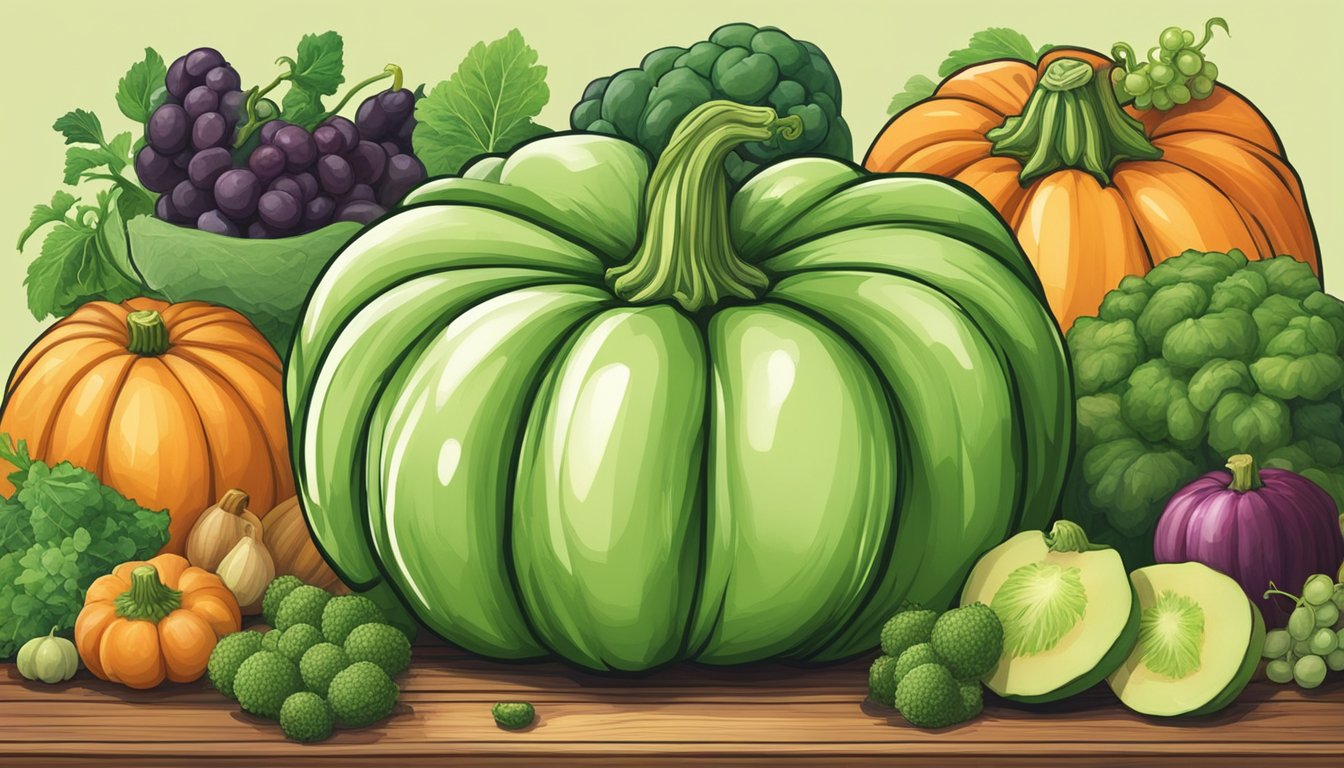 An unripe pumpkin sitting on a wooden table, surrounded by various fruits and vegetables. The pumpkin is green and has a slightly glossy texture