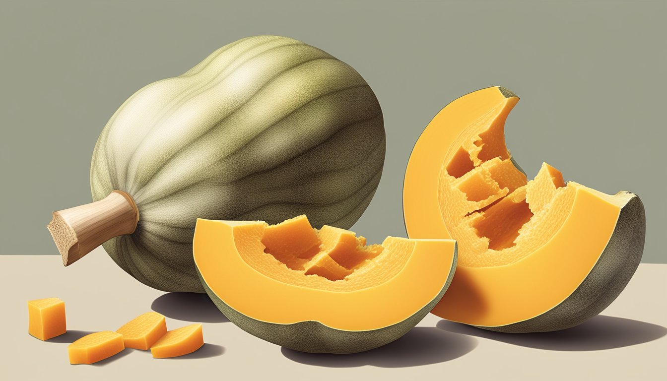 A butternut squash being sliced open to reveal its ripeness