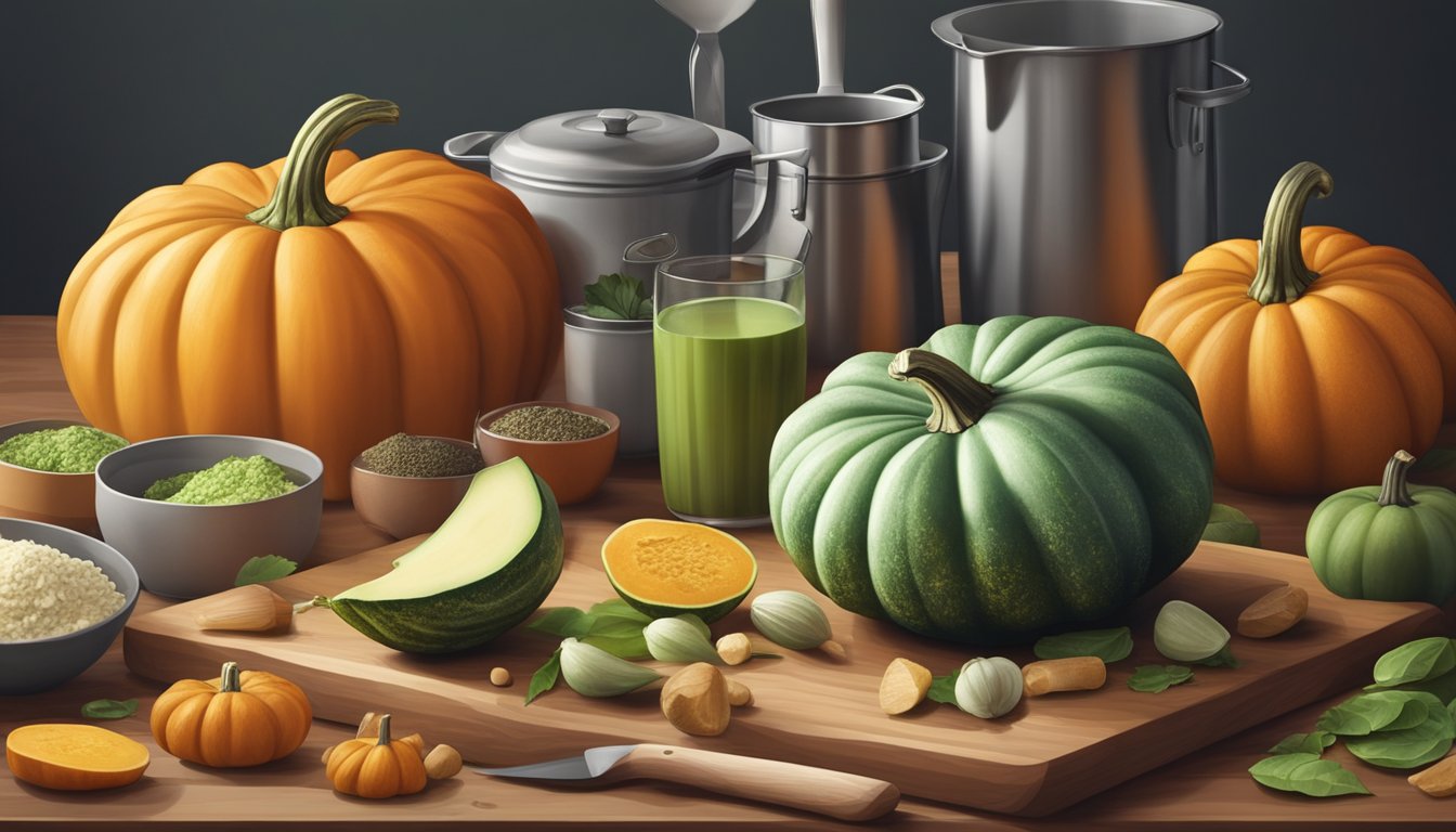 An unripe pumpkin sits on a cutting board surrounded by various kitchen utensils and ingredients, ready to be transformed into a culinary creation