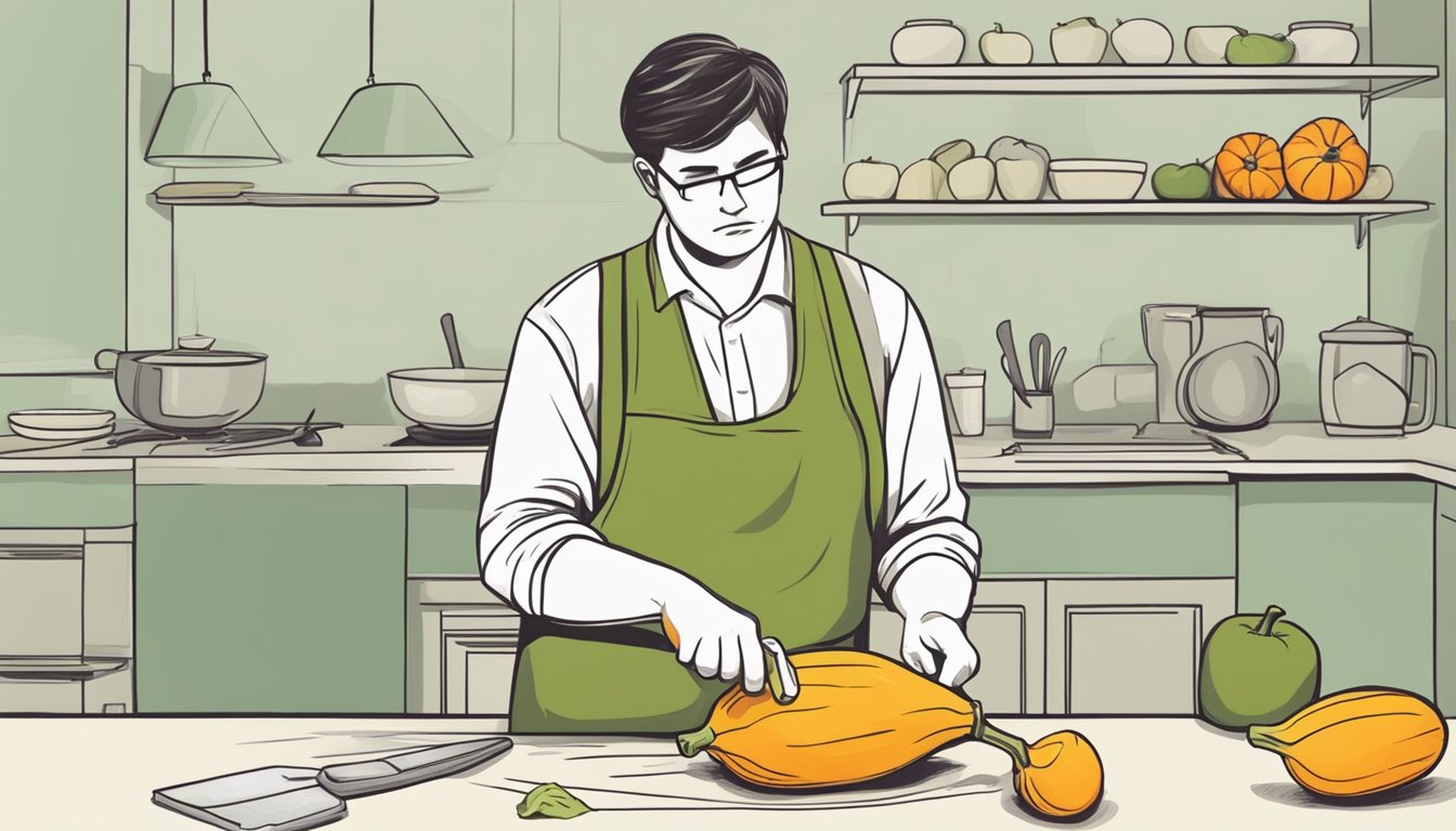 A person cutting open an unripe butternut squash with a concerned expression on their face, while a question mark hovers above the squash