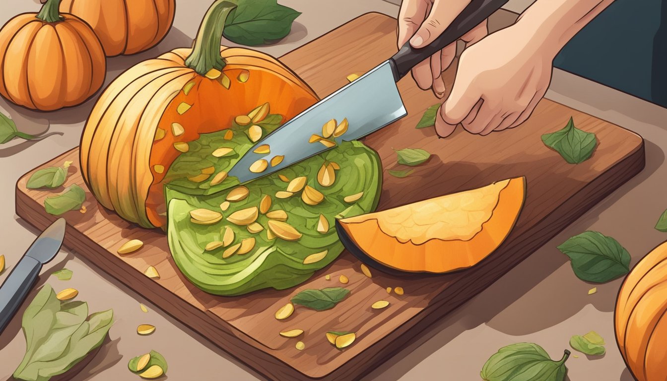 A person slicing open an unripe pumpkin with a knife, removing the seeds, and placing the pieces on a cutting board for preparation